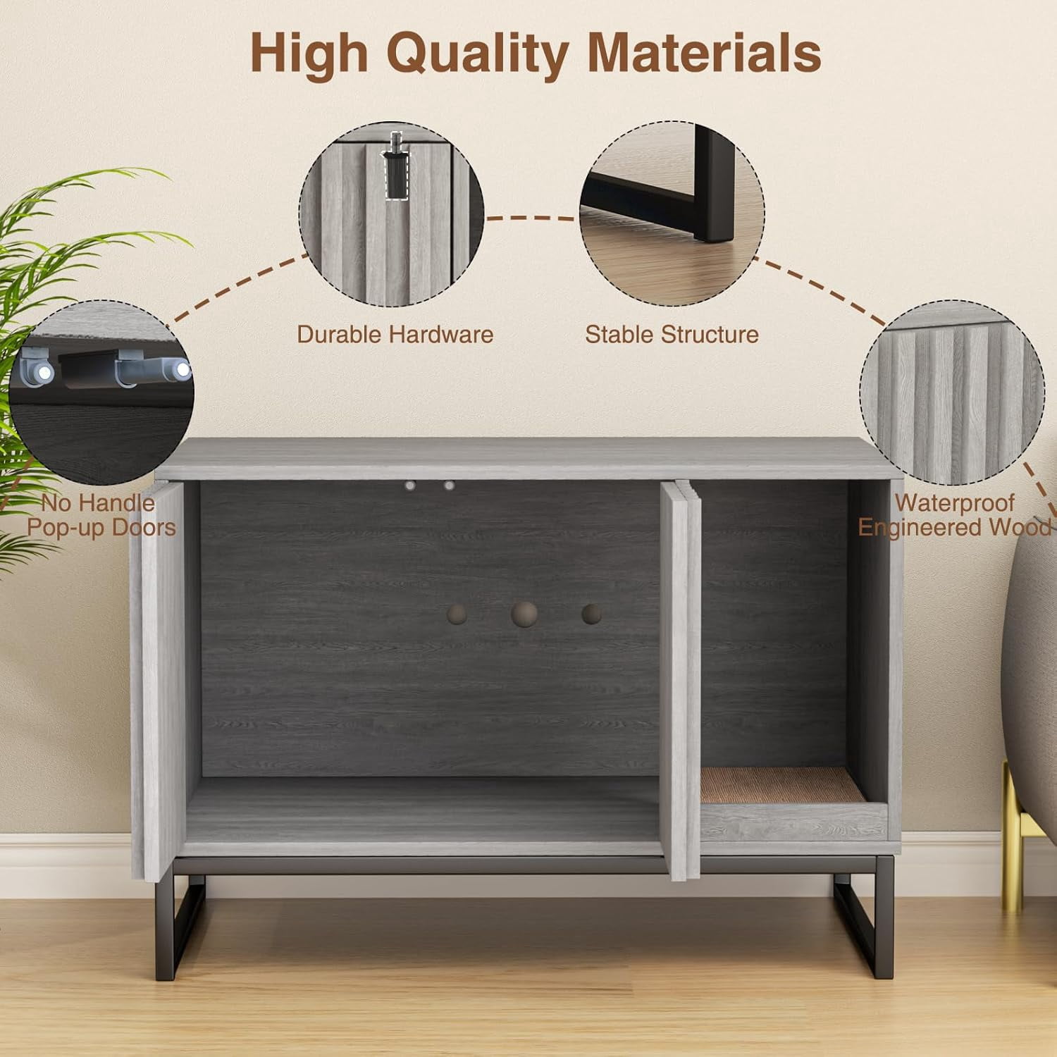 Vabches Hidden Cat Litter Box Enclosure Furniture, Multi-Functional Cat Washroom Bench with Cat Scratching Pad and Fluted Doors