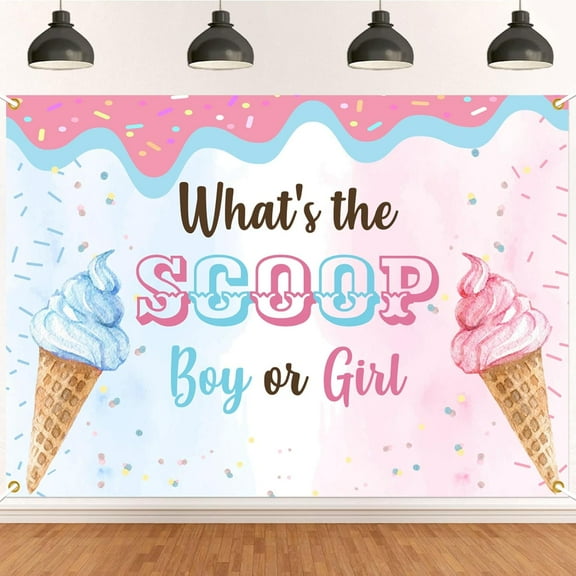 7x5FT What's The Scoop? Boy or Girl Backdrop Ice Cream Gender Reveal Baby Shower Photography Background Summer Gender Reveal Party Decorations Banner Photo Booth Props