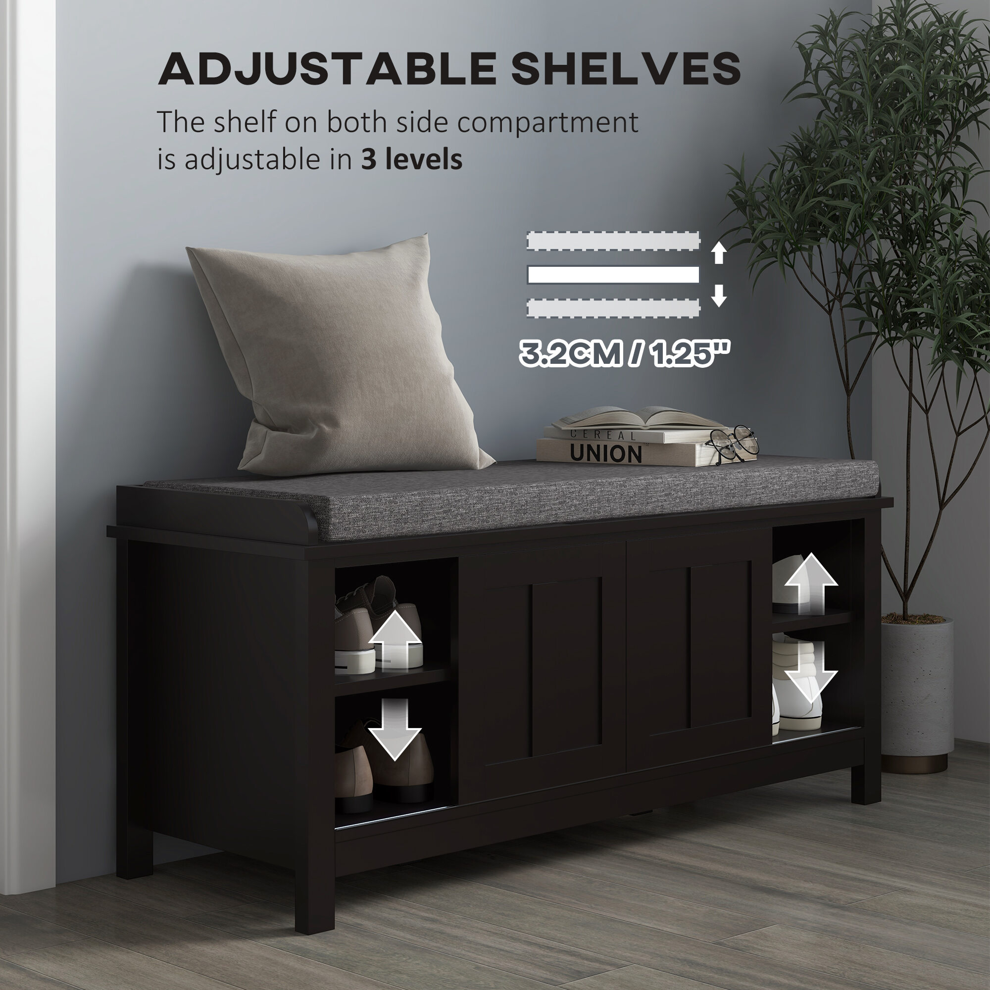 Indoor Storage Benches, HOMCOM Entryway Shoe Bench Storage Ottoman with Sliding Doors, Adjustable Shelving, 6 Compartments, and Padded Seat, Holds 10 Pairs, Black, Black Wooden Storage Benches