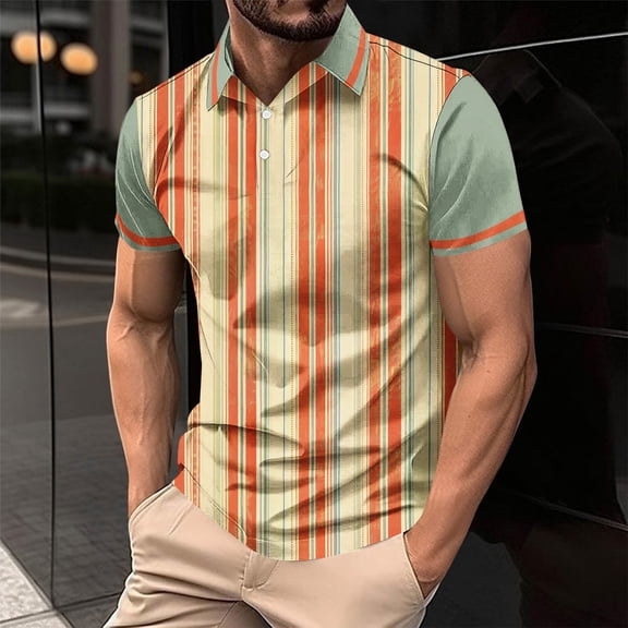 Fnnxeal Mens Polo Shirts, Casual Collared Big and Tall Shirt Striped Summer Yellow Polo Shirts for Men Size 2XL