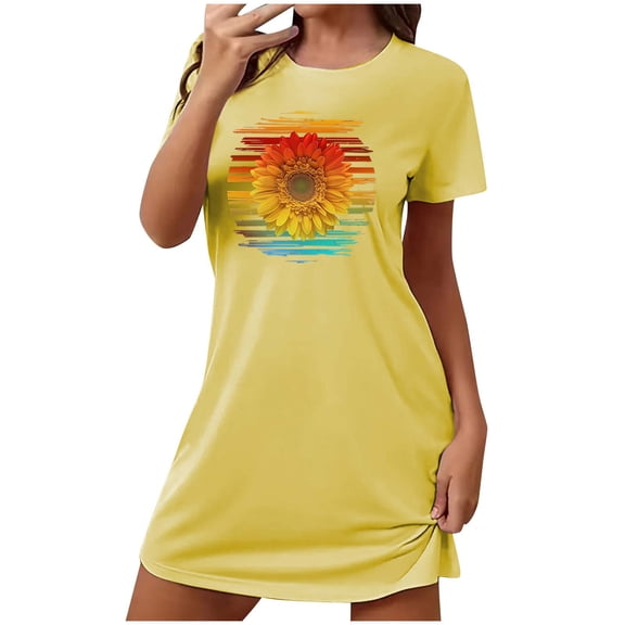 Womens Sunflower Printed Nightgown Short Sleeve Tunic Sleepshirt Loose Fit Casual Summer Crewneck Pajama Dress