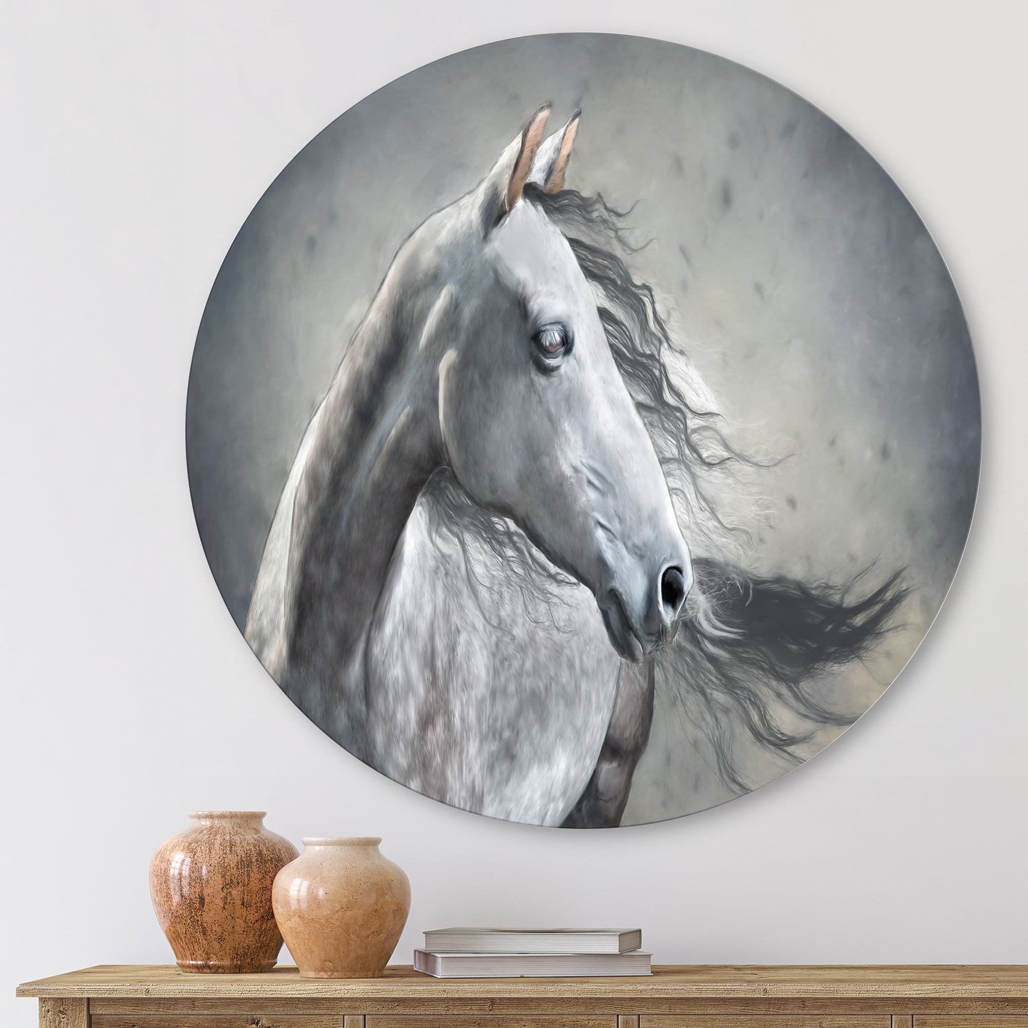 Designart 'Black and White Portrait Of A Wild Horse' Farmhouse Circle Metal Wall Art 11x11 - Disc of 11