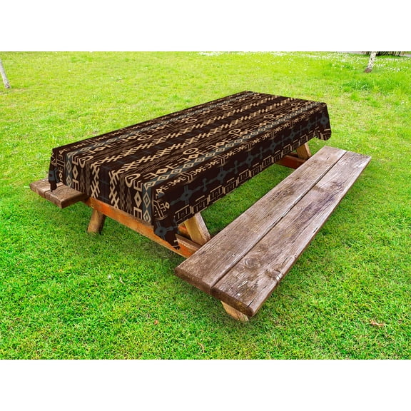 African Outdoor Tablecloth, Traditional Ethnic Pattern Geometric Shapes Arrows Striped Tribal, Decorative Washable Fabric Picnic Tablecloth, 58 X 120 Inches, Bluegrey Brown Earth Yellow, by Ambesonne