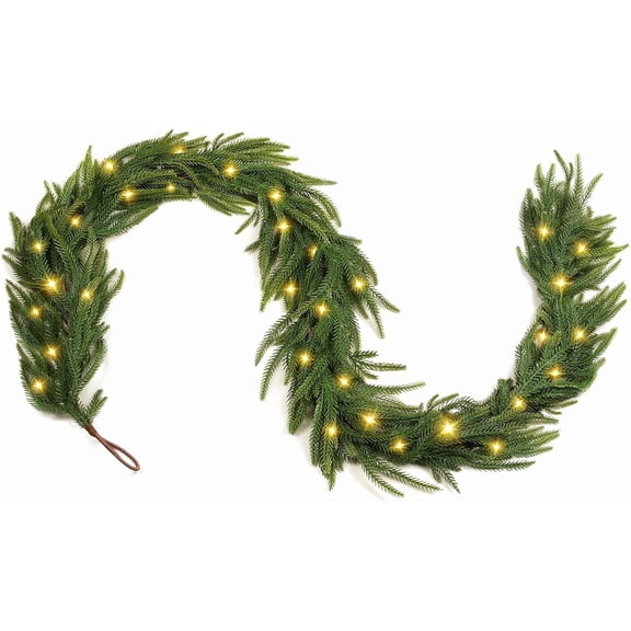 6FT Christmas Norfolk Pine Garland with Led Lights, Real Touch Faux Green Garlands, Winter Artificial Greenery Garland for Mantle, Stairs, Table, Fireplace, Indoor & Outdoor Christmas Decorations