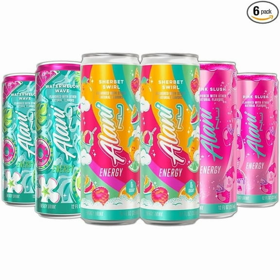 New Alani Energy Drinks Sherbet Swirl, Watermelon Wave, Pink Slush Variety Pack Sugar-Free, Low-Calorie, 200mg Caffeine, Energy Boost Drink 12 fl oz (Pack of 6) Repackaged By  PickNGo Market