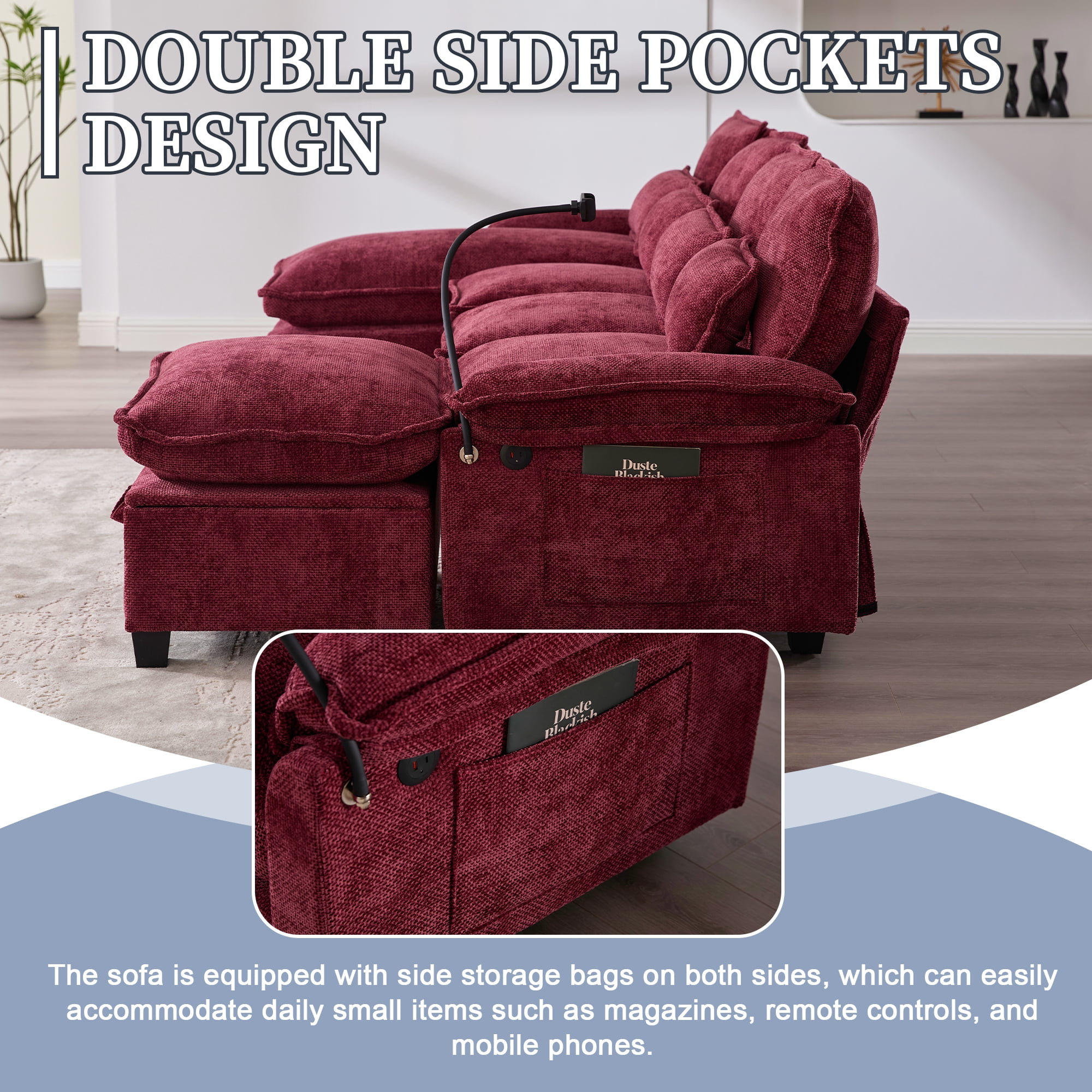 MOONMISS Chenille Upholstered Oversized U-shaped Comfy Modular Sectional Sofa with Storage Ottoman-Wine Red