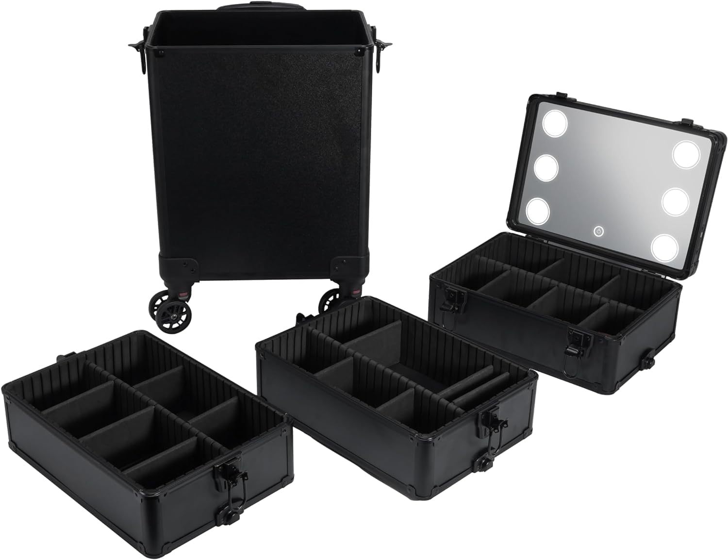 Mecucasi Make-up Trolley Mit Rollen – Aluminium-Kosmetikkoffer, 4 Schubladen, Groß, Schwarz, Für Salon & Reisen
