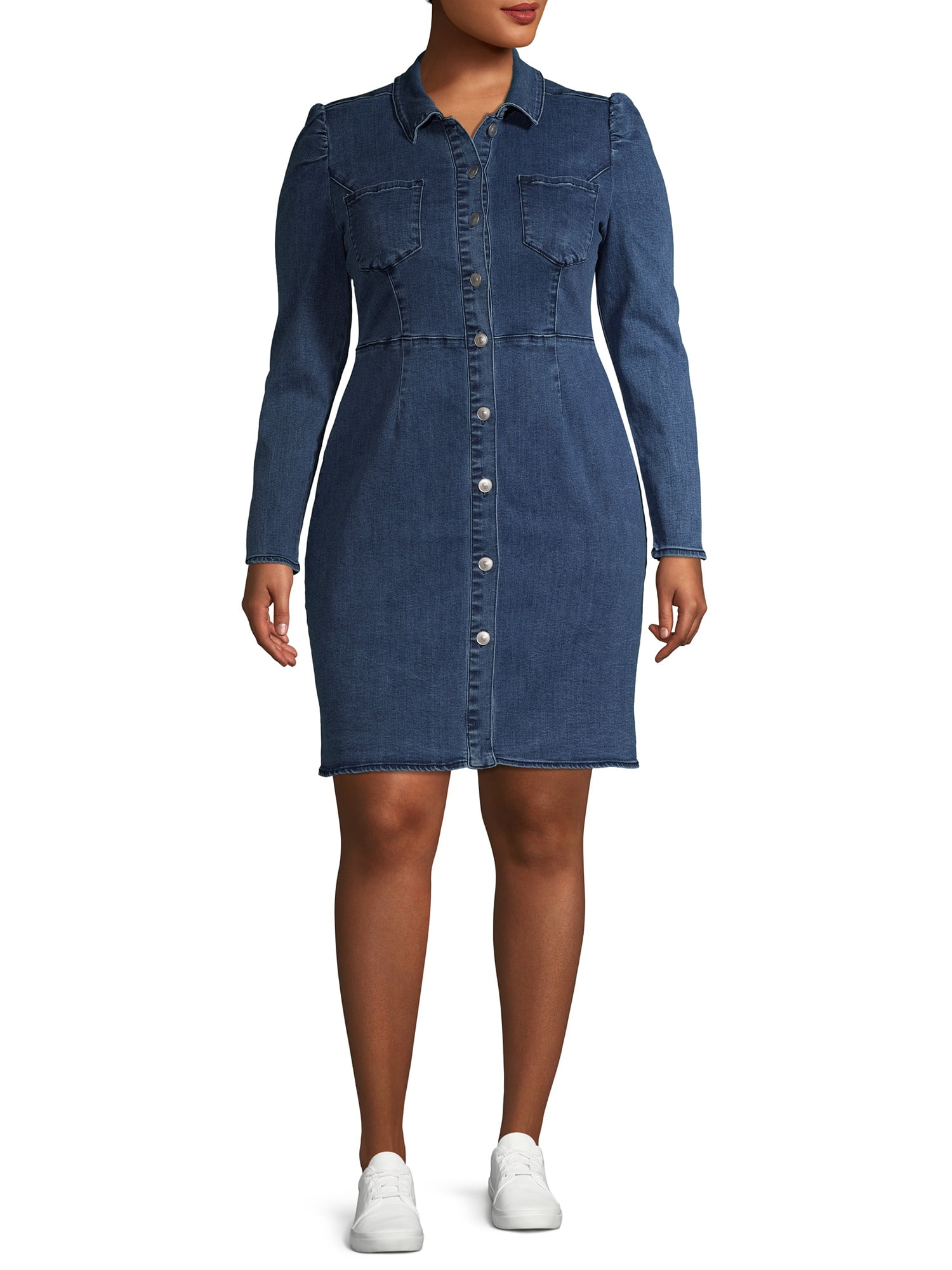 plus button front denim dress