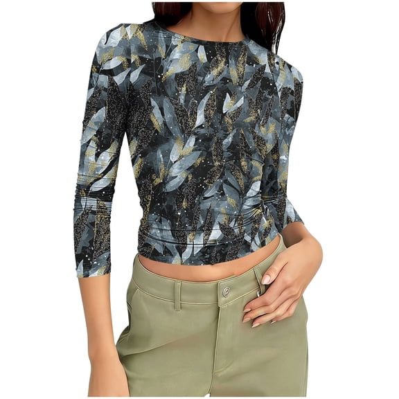 Ruimatai Women's Casual Printed 3/4 Sleeve Blouse Round Neck Loose Fit Tops Soft Stretchy Comfortable Everyday Wear