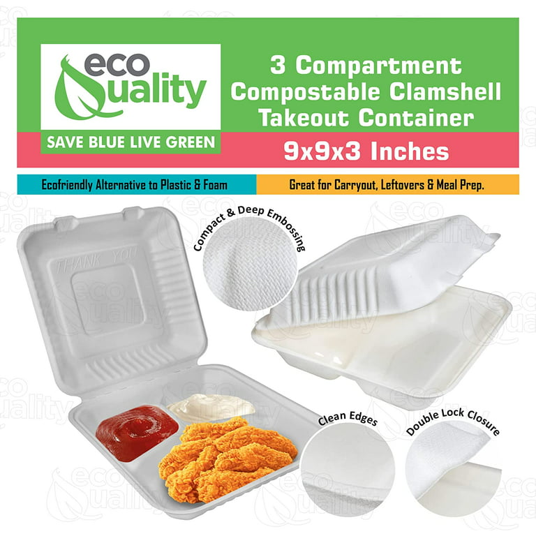Eco Friendly 8″ x 8″ x 3″ Compostable 3-Compartment Takeout