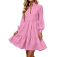 thumbnail image 2 of Guieoi Womens Dresses Plus Size Long Sleeve Solid-Color V-Neck Layered Ruffled Skirt—Casual Office Wedding Guest Short Style Midi Dress Pink XXXL, 2 of 7