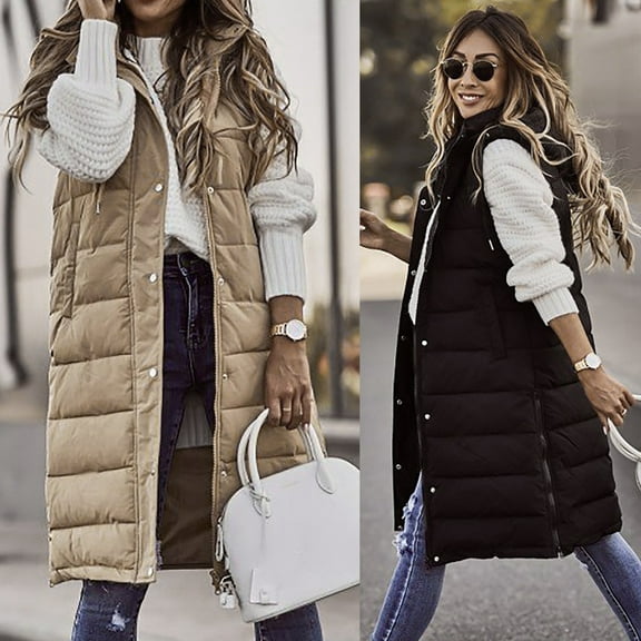 Dazajoo Women's Long Puffer Vest Winter Sleeveless Full Zip Hooded Jacket Lightweight Quilted Warm Down Coats,Beige,L