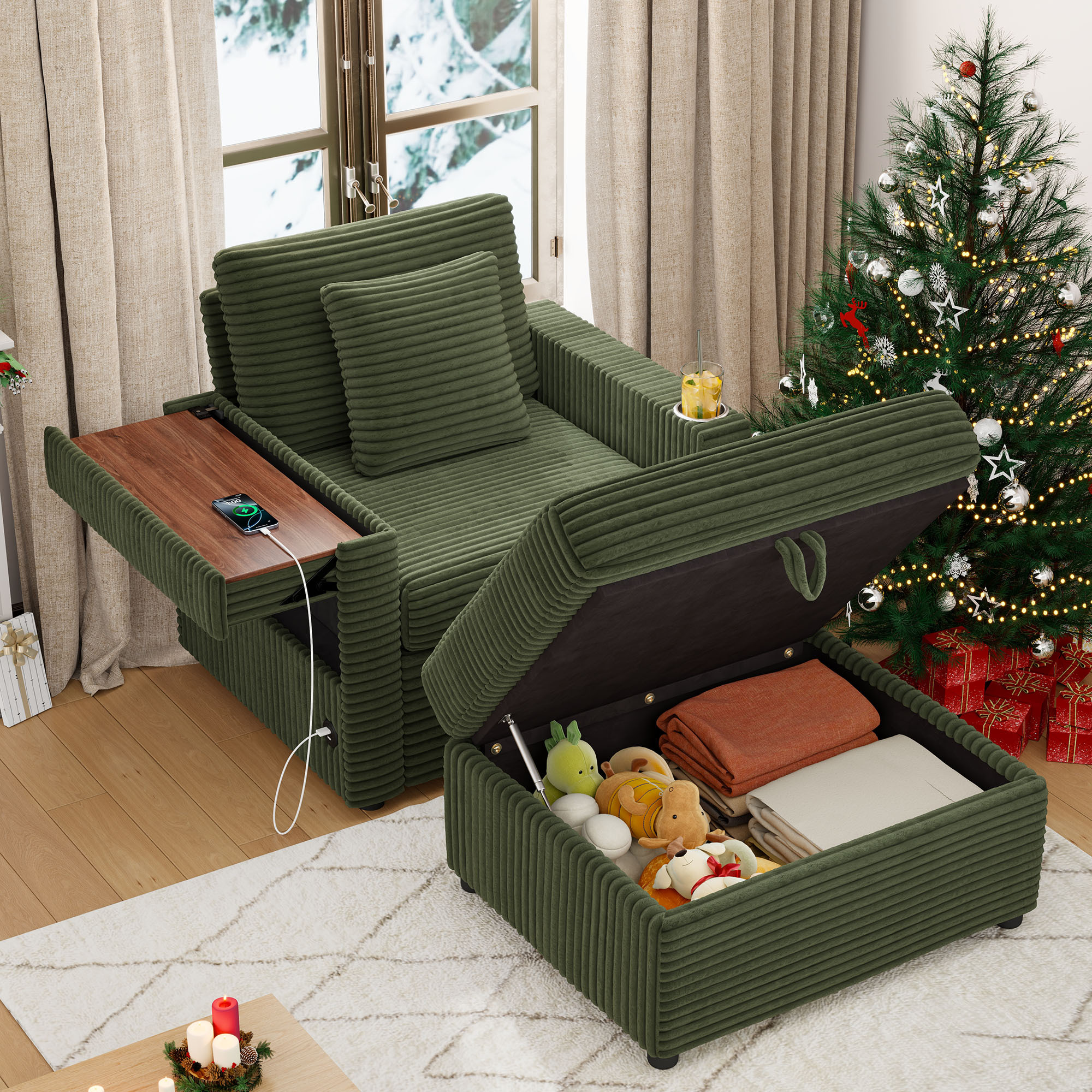 Lunale Accent Chair with Storage Ottoman, Indoor Lounge Chair with USB & Table Board, Cozy Corduroy Sofa Armchair for Living Room, Green