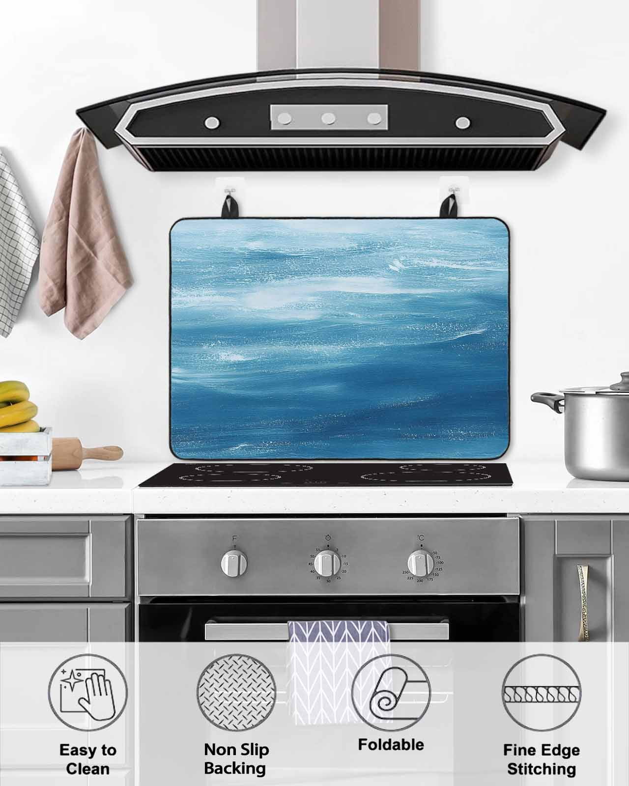 nqOlkjepod Large Induction Cooktop Protector Mat 36"x21", Blue Coastal Wave Stove Top Covers for Electric Stove, Modern Abstract Summer Ocean Stove Burner Cover Mats, Glass Top Stove Cover