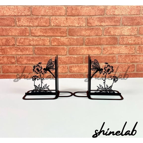 Shinelab Dandelion Flower Metal Bookends Dragonfly Name Bookend Gift, Floral Desk Bookshelf Decor 6197
