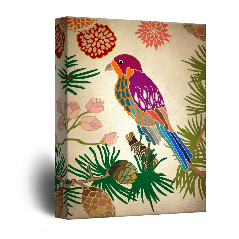 Wall26 Canvas Wall Art Vintage Style Colorful Brid on Flower Branch