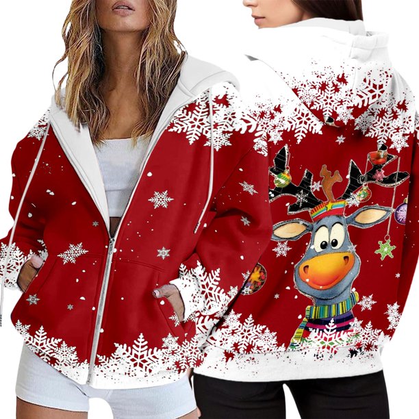 WILLBEST Sudaderas para Mujer Sudadera con Capucha Estampada Navideña para Mujer, Estilo Casual y Holgado, con Cremallera Chica