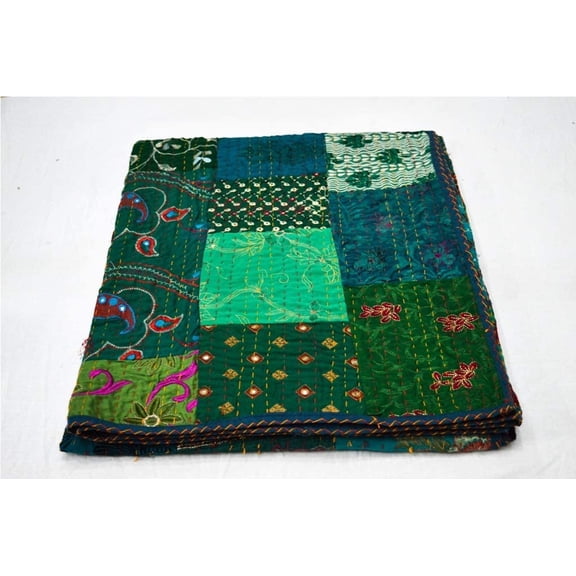 IndIan Handmade Patchwork Kantha Quilt Green Color Quilt Queen Size Kantha Bedspread Kantha Throw Embrodery Patchqwork Quilt