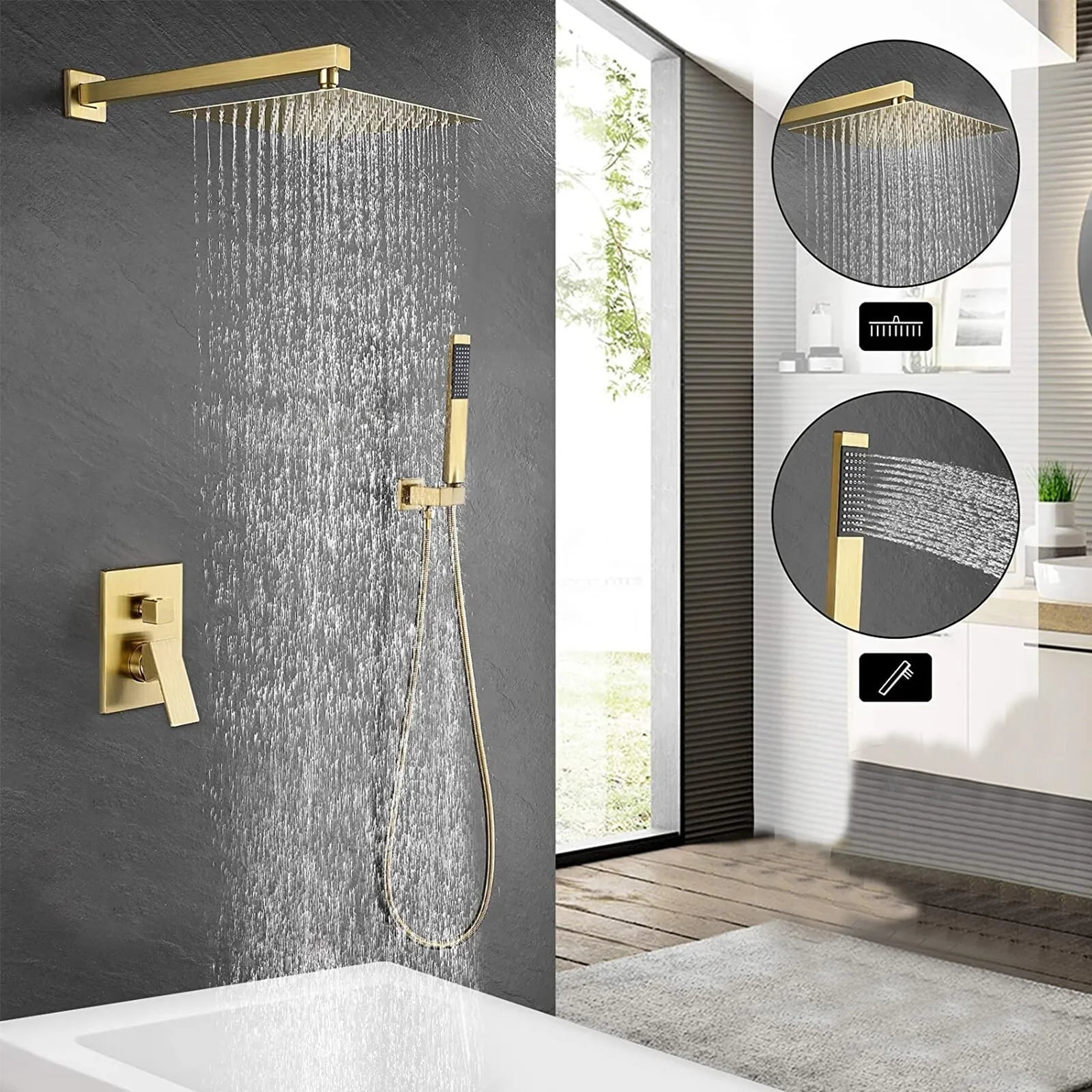 Brushed Gold Shower Faucet Set with Valve 8 inch Rain Shower Head Combo System