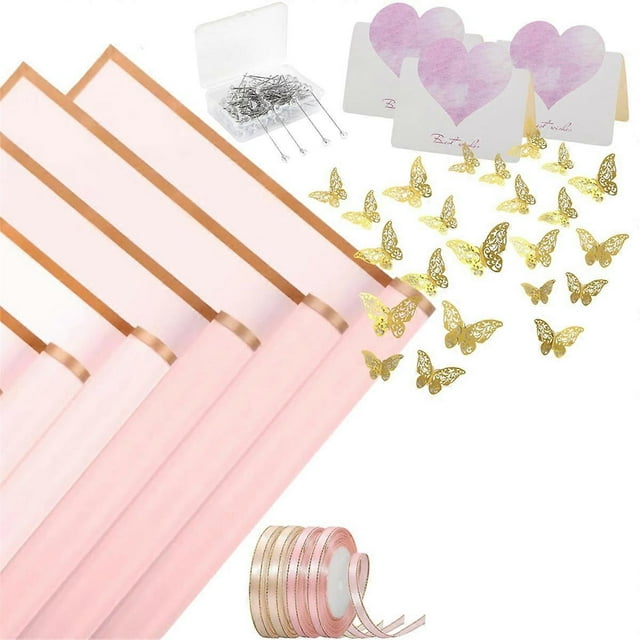 40 Sheets Flower Wrapping Paper with 4 Rolls Flower Ribbons ,Pink