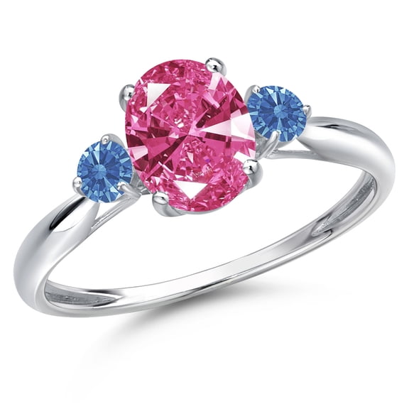 Gem Stone King 10K White Gold Pink Zirconia 3-Stone Ring for Women | 1.43 Cttw | Oval 8X6MM | Gemstone Birthstone | Size 7