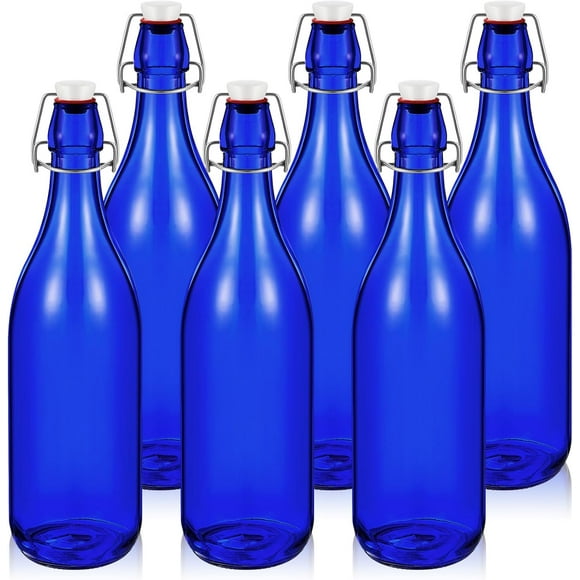 6 Pcs Glass Bottles 1 L/ 33. 75 oz Decorative Wine Bottles Flip Top Glass Water Bottle with Airtight Lid for Home Decor Garden Tree Yard Outdoor Decorations (Cobalt Blue,33.75 oz)