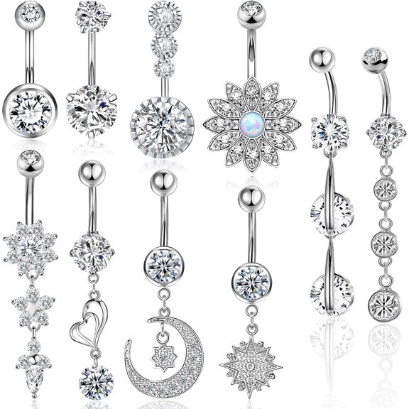 Belly Button Piercing Ring for Women Girls, 10 PCS 14G Surgical Steel Belly Button Rings Barbell Jewelry Rings Bulk for Body Piercing with Long Bar