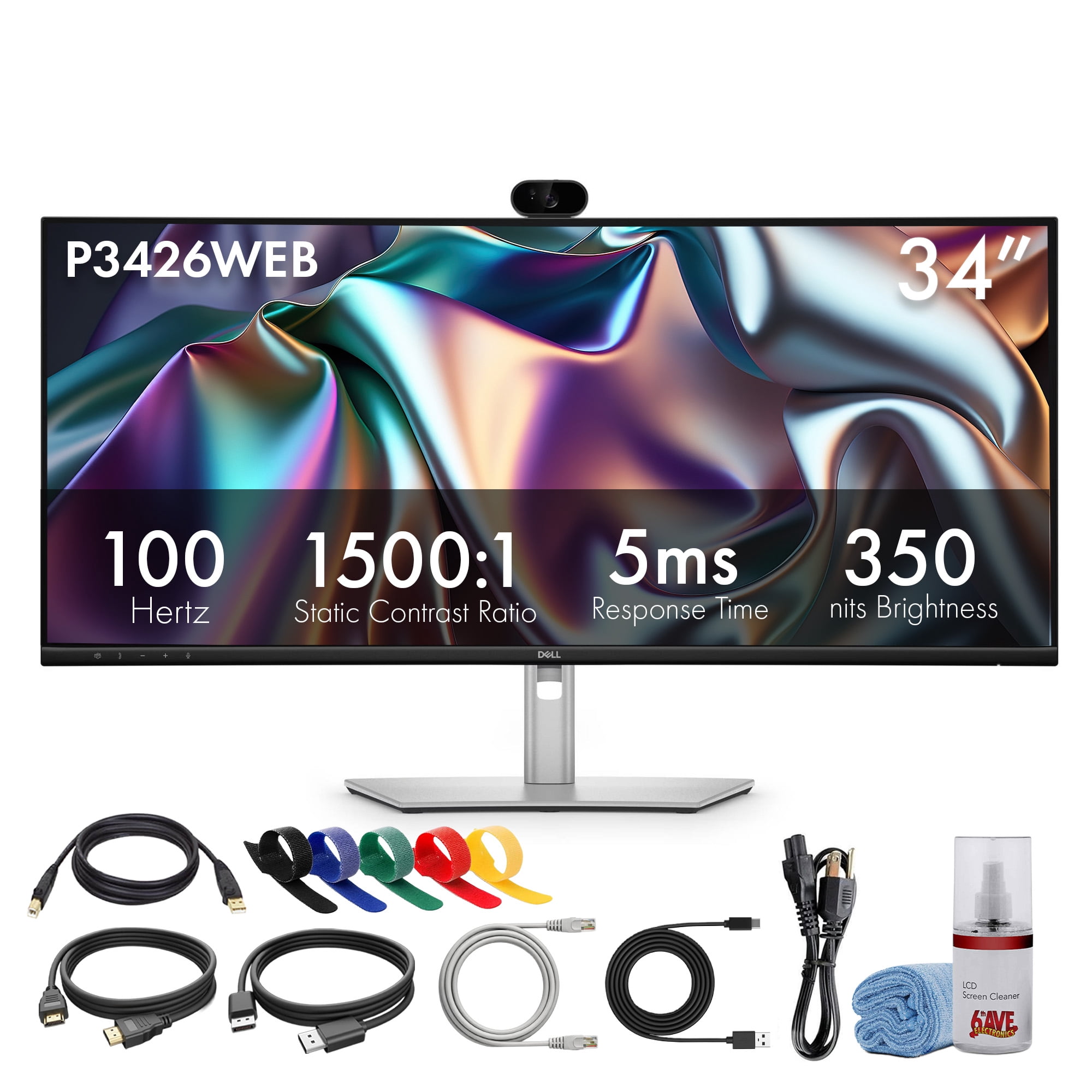 Dell Pro P3426WEB 34" Curved WQHD 3440x1440 100Hz IPS USB-C Hub Monitor | 5MP HDR Webcam, 90W Power Delivery, RJ45 Ethernet | LCD Kit, USB-C Cable, Cable Ties, Ethernet Cable