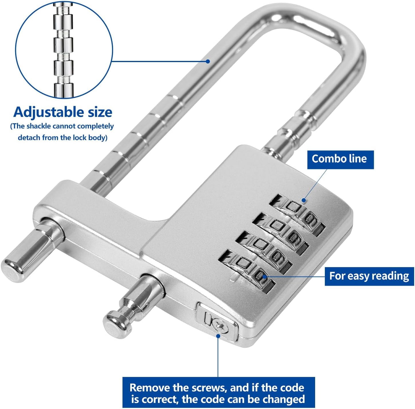 ABCISI Combination Padlock with Adjustable Shackle to Fit Different Locking Points, Zinc Alloy Versatile Lock for Cabinet Bike Gym Fences & Gate, Compact Size Can be Easily Carried and Stored, Silver