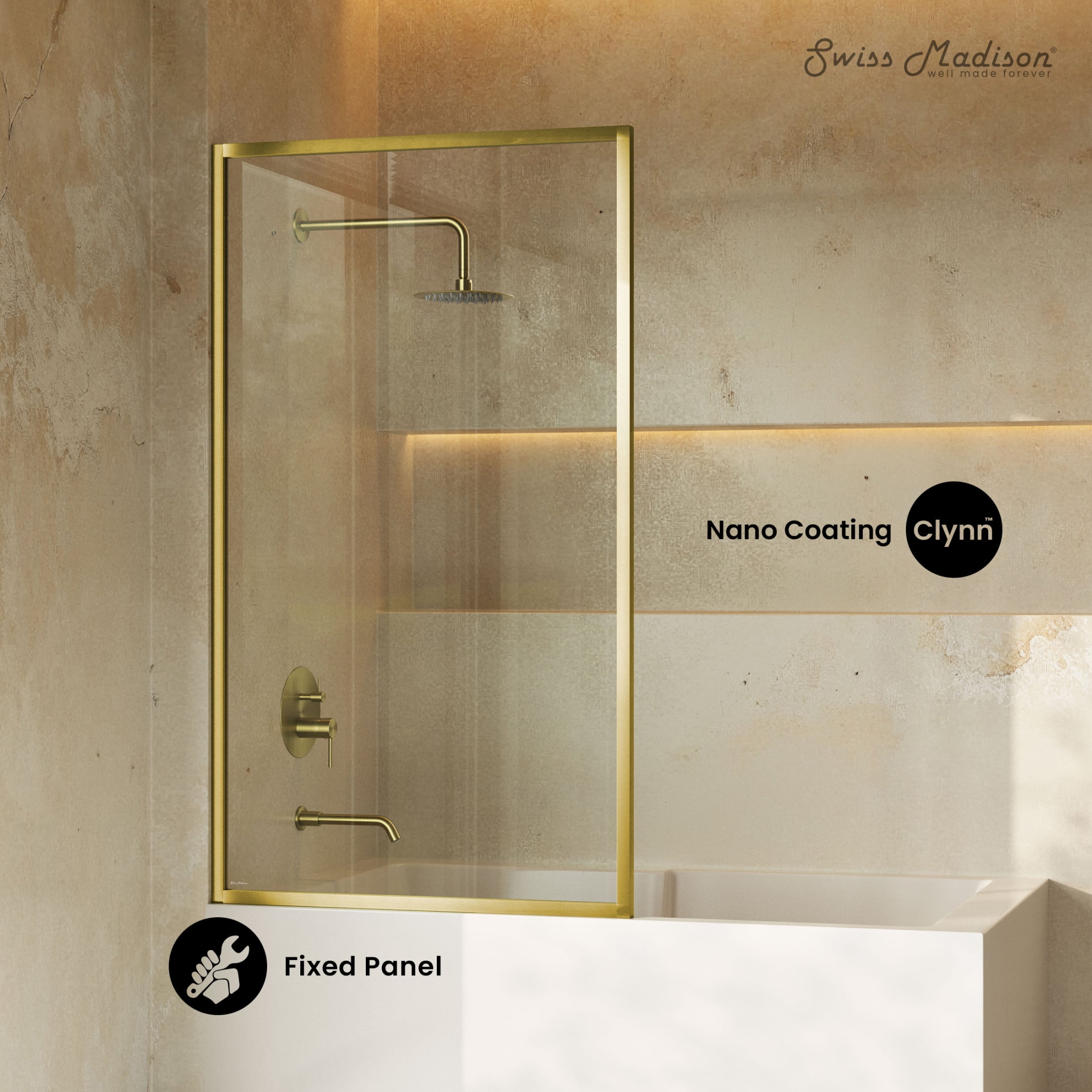 Pierre 34 x 58 Framed Fixed 3/8 in. (10mm) Clear Tempered Glass Tub Door with Brushed Gold Frame