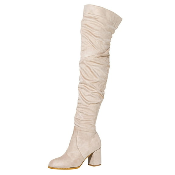 Xiaoxatg Fashion Women's Knee High Boots Stylish Thick High Heels Pleated Suede Long Footwear for Women 6.5 Beige