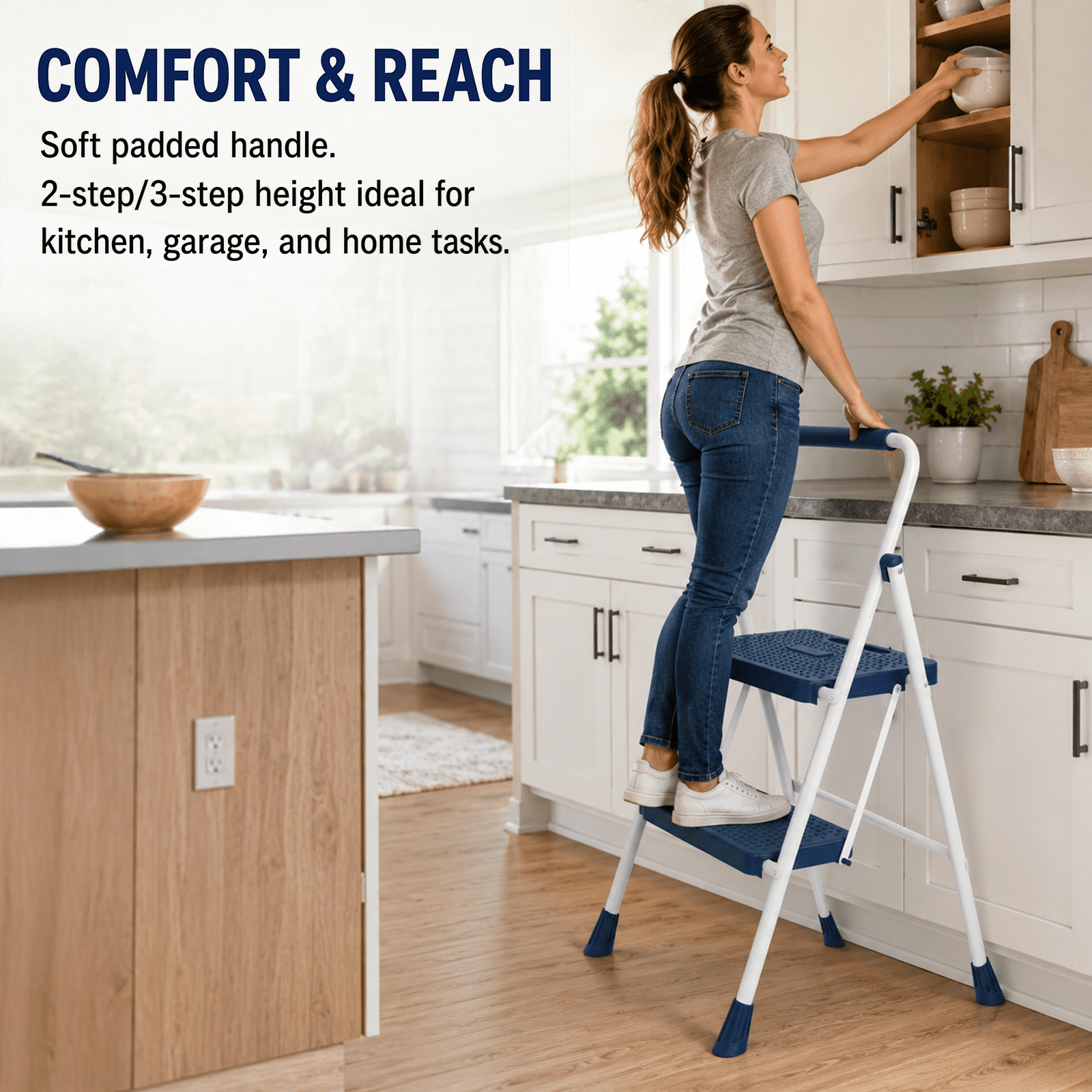 Alvantor 2/3-Layer Foldable Step Ladder with Anti-Slip Pedal & Handrail, Heavy Duty for Home Use, 330lbs Capacity