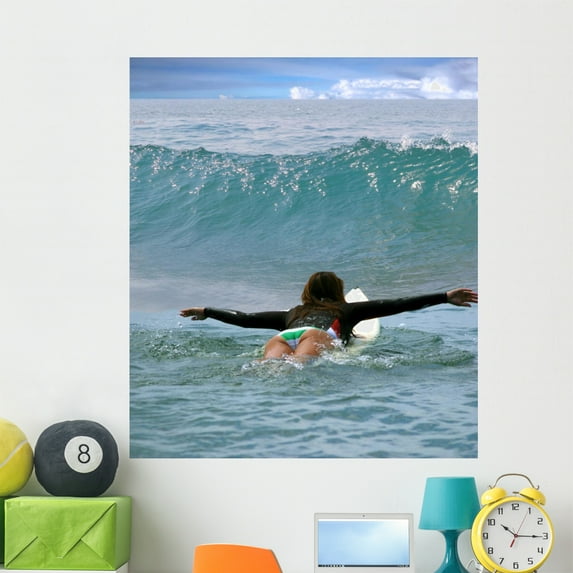 Young Girl Surfing Malibu Wall Mural by Wallmonkeys Peel and Stick Graphic (48 in H x 42 in W) WM87977