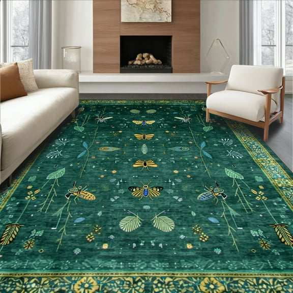 ODIKA 4' x 6' Machine Washable Non-Slip Area Rug, Middle Eastern Butterfly High Traffic Rug, Green, 5326