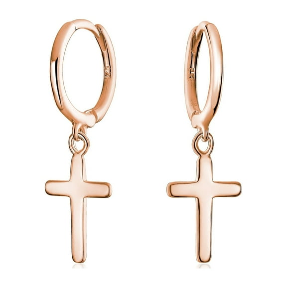 Bling Jewelry Womens Tiny Religious Cross Dangling Huggies Earrings Sterling Silver Leverback