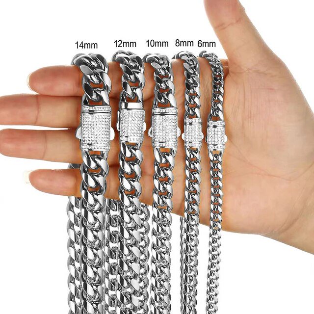 6-14mm Stainless Steel Round Cuban Miami Chains Necklaces CZ Zircon Box Lock Big Heavy Link Chain for Men Hip Hop Rapper jewelry
