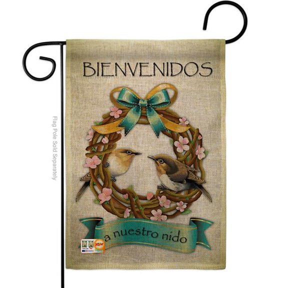 Breeze Decor BD-SH-G-100046S-IP-DB-D-US19-BD 13 x 18.5 in. Bienvenidos a Nuestro Nido Burlap Inspirational Sweet Home Impressions Decorative Vertical Double Sided Garden Flag