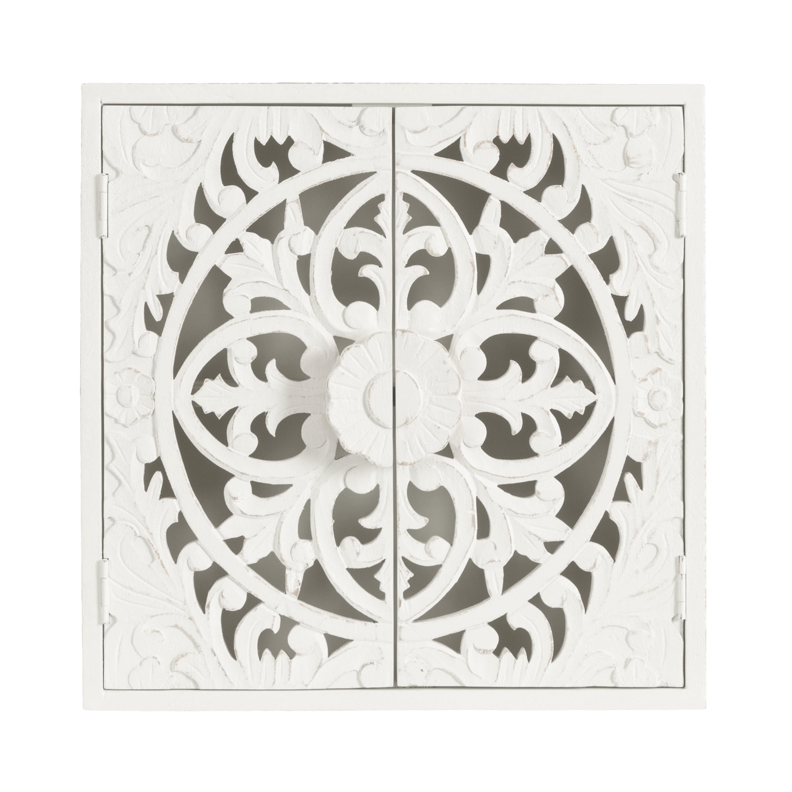 Kate and Laurel Saanvi Traditional Carved Wood Wall Cabinet, 20 x 6 x 20, White, Dimensional Over the Toilet Storage Cabinet for Bathroom Storage and Display