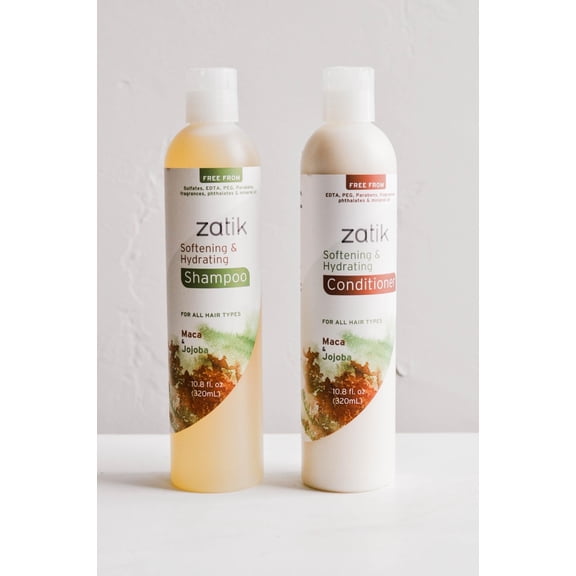 Zatik Naturals - Softening & Hydrating Shampoo   Conditioner Set - with Maca and Jojoba for all Hair, Vegan, Biodegradable, pH Balanced, Free From Sulfates, 10.8 fl oz (One of Each)
