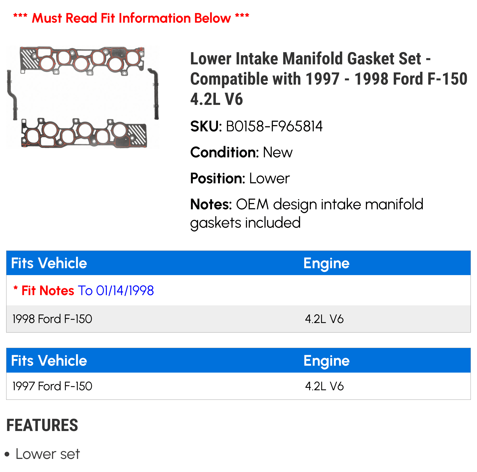 Lower Intake Manifold Gasket Set - Compatible with 1997 - 1998 Ford F-150 4.2L V6