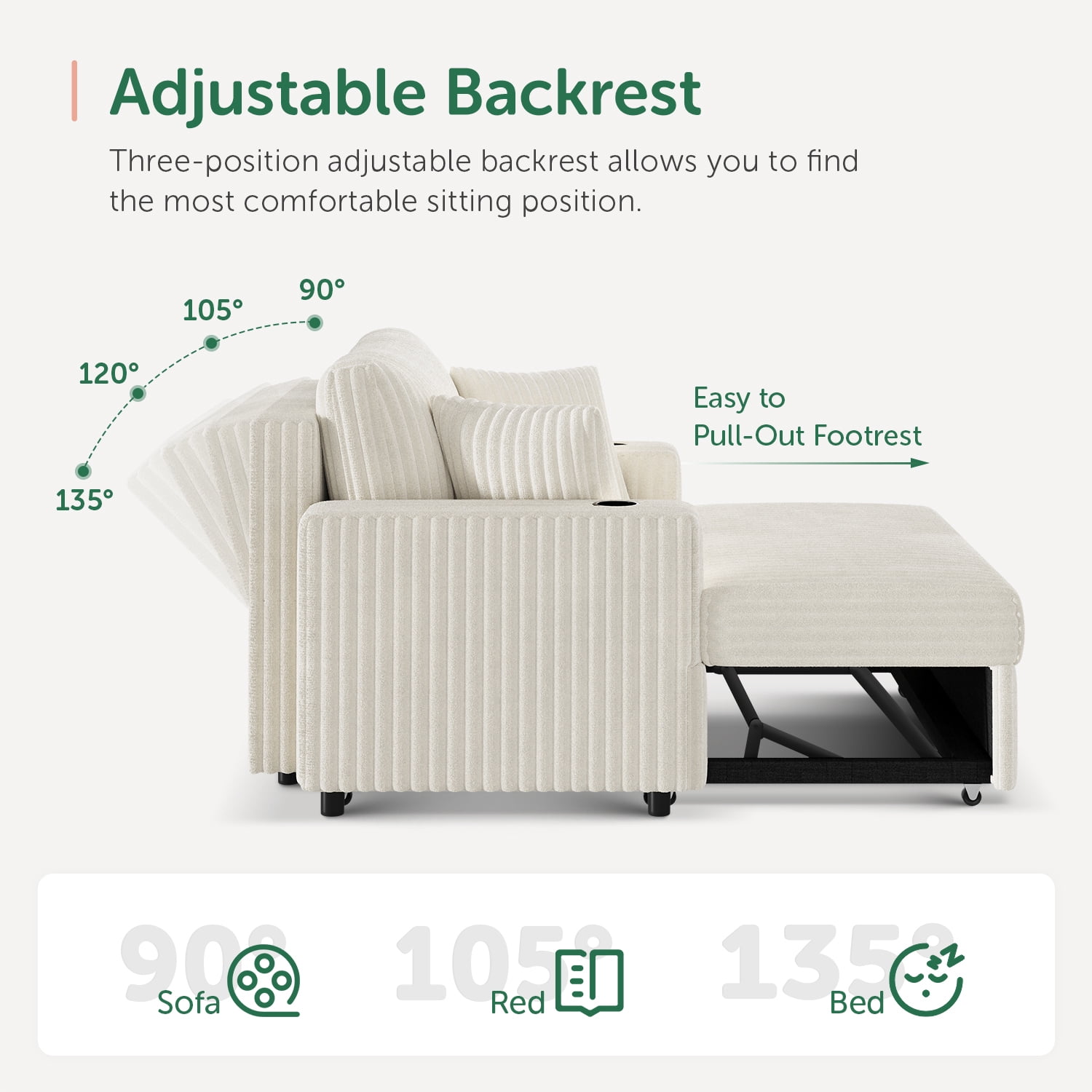 Marrber 52" Convertible Sleeper Loveseat with Reclining Backrest & Cup Holders, Pet-Friendly Corduroy for Small Space, Beige