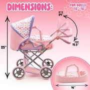 Dolls To Play Baby Doll Convertible Pram Stroller with Removable Bassinet Carrier, Adjustable Handle, Canopy & Storage Basket, Purple, 25 Inch