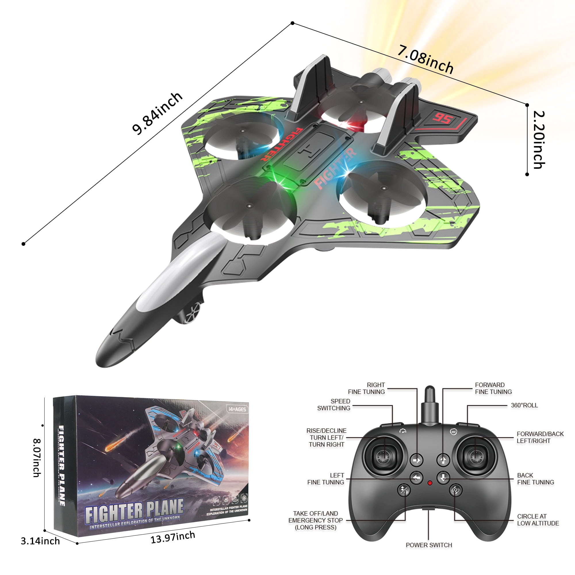 RC Plane Radio Control Helicopter 2.4GHZ Remote Control Airplane 360°Flip Jet Fighter with LED Lights Foam RC Airplanes Helicopter Toy for Kids, Spinning Drone