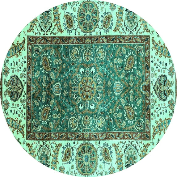 Ahgly Company Machine Washable Indoor Round Oriental Turquoise Blue Traditional Area Rugs, 6' Round