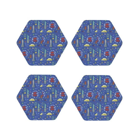 

Fuzoiu New-York City Print Leather Coasters Set Drink Coasters Set of 4 for Tabletop Protection Durable PVC Coasters Home Décor and Housewarming Gift-Hexagon