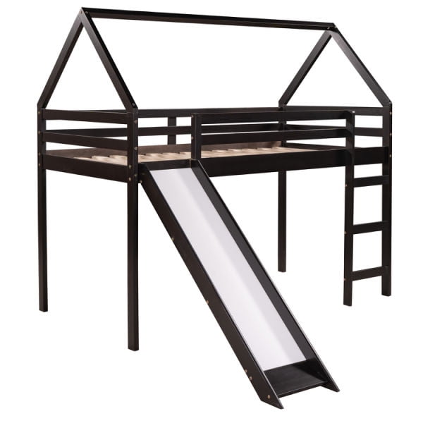 CLFHome Twin Size Loft Bed with Slide; House Bed with Slide; Espresso