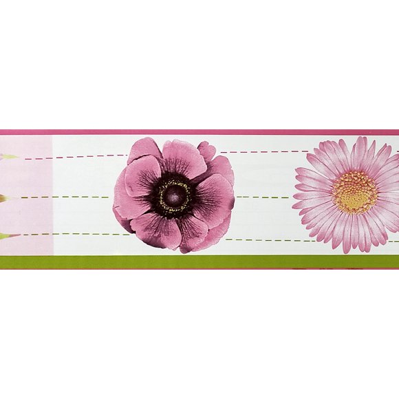 Dundee Deco's Peel and Stick Floral Pink, Green Poppy, Aster Flowers Self Adhesive Wallpaper Border, Roll 33 ft X 4 in (10m X 10cm)