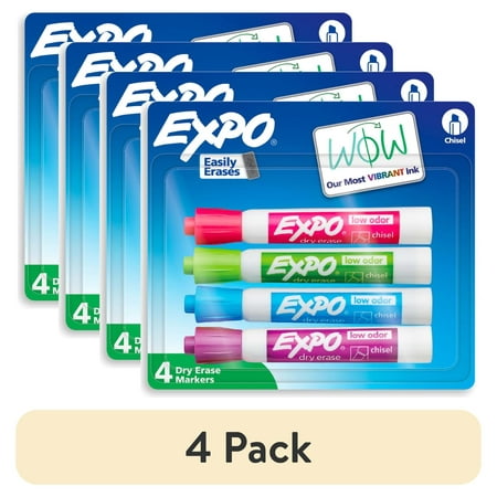 (4 pack) EXPO Dry Erase Markers, Chisel Tip, Assorted Colors, 4 Count