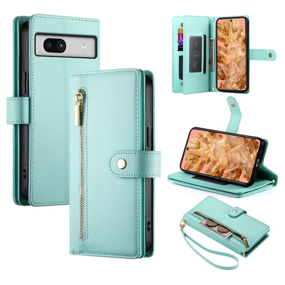 for Google Pixel 8 Case with Card Holder, Retro Premium PU Leather Shoulder Wrist Strap Zipper Kickstand Flip Cover Women Girl Wallet Phone Case for Google Pixel 8, Mint