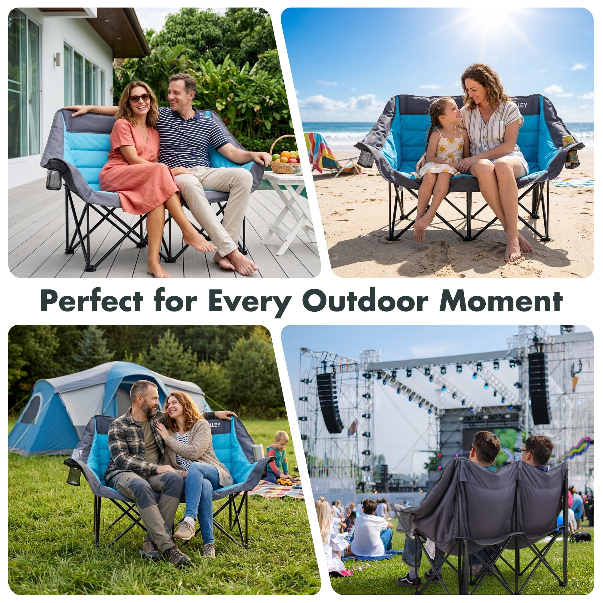 VILLEY Oversized Double Camping Chair, 800lbs Portable Folding Loveseat for Adults, Heavy Duty Oxford Fabric, XL 2 Person Padded Chair with Cup Holders for Outdoor Camping, Lawn, Backyard